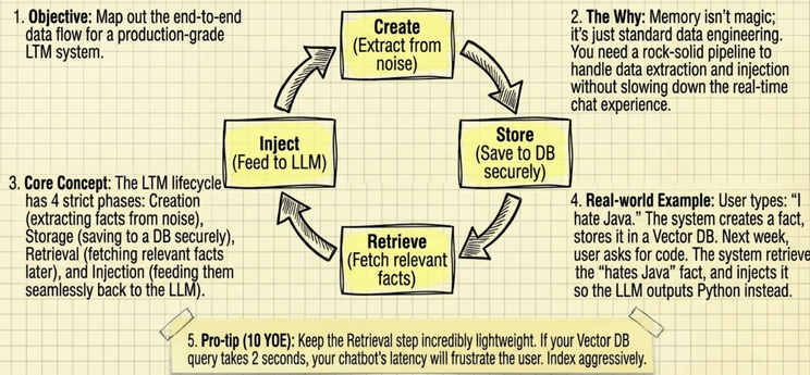 Create, store, retrieve, then inject into the prompt